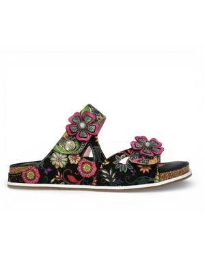 Laura Vita Brcyano 32 Floral Leather Strappy Slipper Sandals - Black