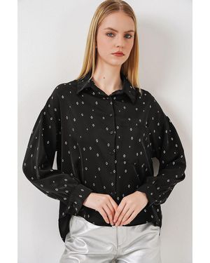 Bigdart Oversized Long Sleeve Printed Shirt With Pocket - Black