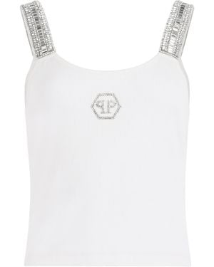 Philipp Plein Rib Tank Top Strass Hexagon - Wit