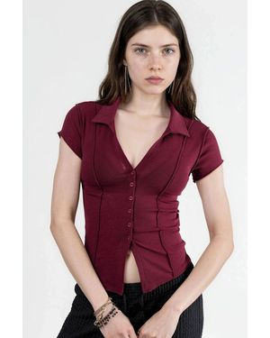 Busem Gestructureerde Gebreide Korte Mouwen Shirt Met Knopen - Rood