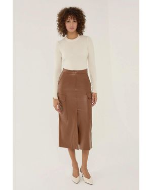 Hiccup Faux Leather Pocket Detailed Midi Skirt - Natural
