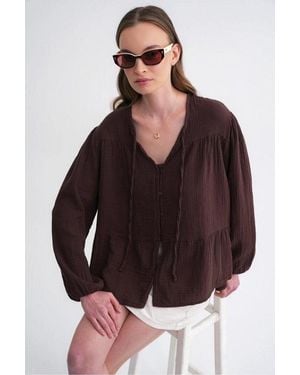 MixRay Long Sleeve Relaxed Fit Blouse With Tie-Neck - Brown