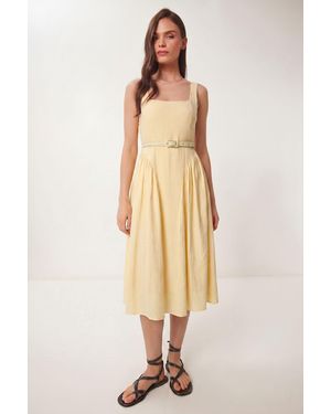 Happiness İstanbul Belted Sleeveless Midi Dress - Natural