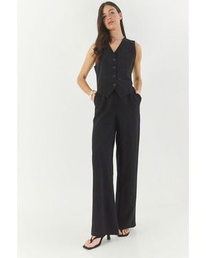 Bianco Lucci V-Neck Vest And Wide Leg Trousers Two-Piece Coord Set - Black