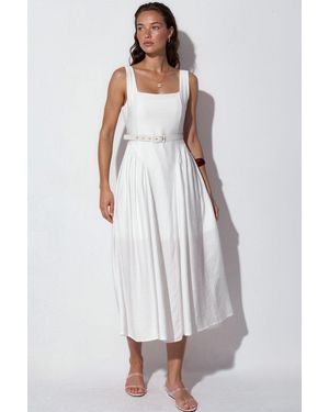 Busem Square Collar Belted Midi Dress - White