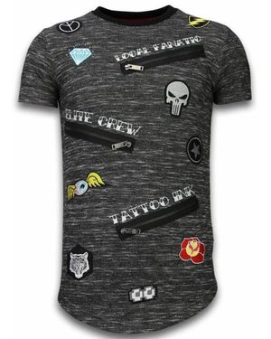 Local Fanatic Longfit Asymmetric Embroidery T-Shirt Patches - Zwart