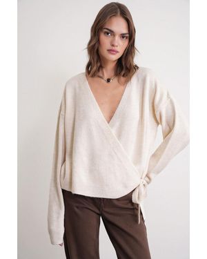 MixRay Geribde V-Hals Strik-Voorkant Cardigan - Naturel