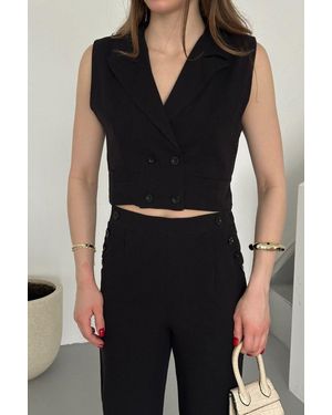 My Fashion High Waist V-Neck Buttoned Wide Leg Co-Ord Set - Black