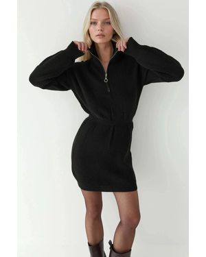 Hiccup Waist Sitting Ribbed Mini Knit Dress With Zipper Collar - Black