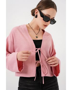 Bigdart Viscose Blend V-Hals Lange Mouw Kimono Met Binding Detail - Roze