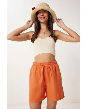 Happiness İstanbul High Waist Wide Leg Cotton Shorts - Orange
