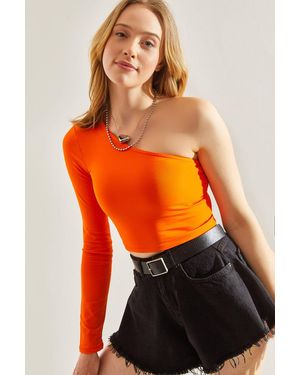 Bianco Lucci Asymmetrische Kraag Crop Blouse - Oranje