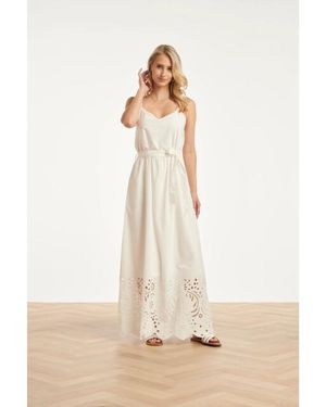 Smashed Lemon Off Maxi Jurk Met Broderie En Ceintuur - Wit