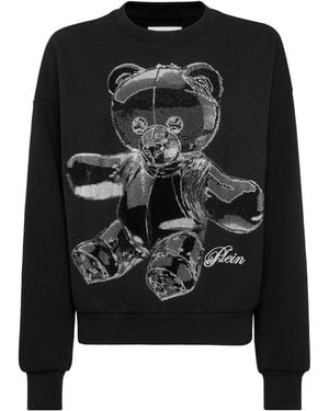 Philipp Plein Hoodies & Sweatvesten ,Zwart ,Katoen Cotton New Port Beach Fit Sweatshirt Teddy Crystal