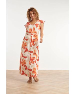 Smashed Lemon Lange Jurk Met Oranje En Bloem Print En Taillekoord