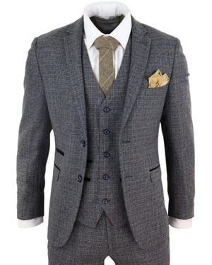 Paul Andrew 3 Piece Tweed Check Vintage Retro Suit Velvet - Blue