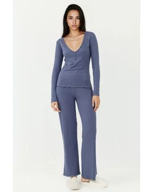 Hiccup V-Neck Wide Leg Pyjama Set With Button Detail - Blue