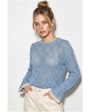 Bianco Lucci Textured Crew Neck Frilly Knit Jumper - Blue