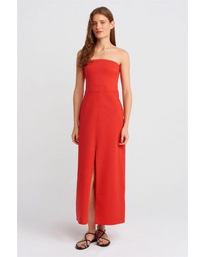 Dilvin Strapless Fitted Midi Dress With Slit - Red