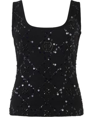 Philipp Plein Tank Top Rhomb Flower Strass - Zwart