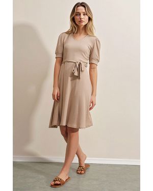 Bigdart Textured V-Neck Midi Knit Dress With Bow - Natural