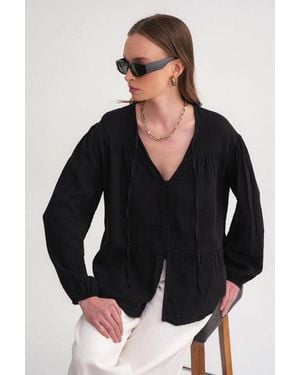 MixRay Long Sleeve Relaxed Fit Blouse With Tie-Neck - Black