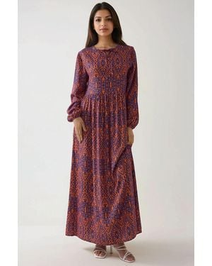 Hiccup Printed A-Form Maxi Dress With Crew Neck - Red