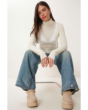 Happiness İstanbul Slim Fit Turtleneck Long Sleeve Transparent Blouse - Blue
