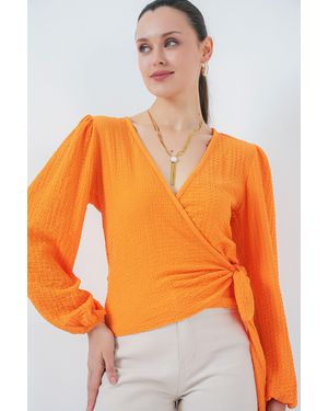 Bigdart Textuur V-Hals Blouse Met Pompom En Striksluiting - Oranje