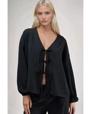 Hiccup Oversized V-Neck Tie Closure Blouse - Black