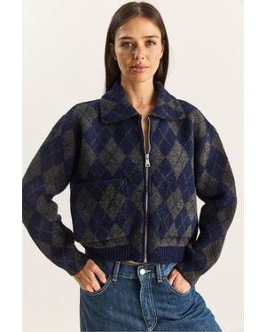 Bianco Lucci Thick Jacquard Knit Cardigan With Zipper - Blue