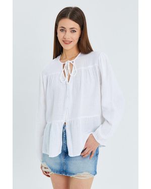 MixRay Long Sleeve Relaxed Fit Blouse With Tie-Neck - White