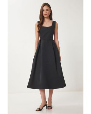 Happiness İstanbul Square Collar A-Form Midi Dress With Zipper Closure - Black