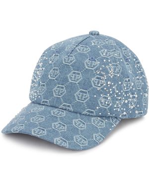 Philipp Plein Denim Baseball Cap Monogram Strass - Blauw