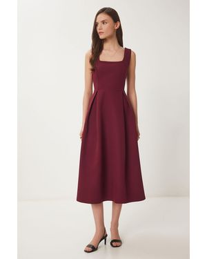 Happiness İstanbul Square Collar A-Form Midi Dress With Zipper Closure - Red