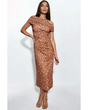Hiccup Asymmetric Neck Floral Midi Dress - Brown