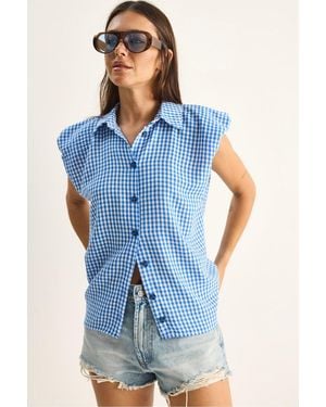 Bianco Lucci Gingham Cotton Sleeveless Shirt - Blue