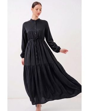 Bigdart Buttoned Crew Neck Maxi Dress With Waistband - Blue