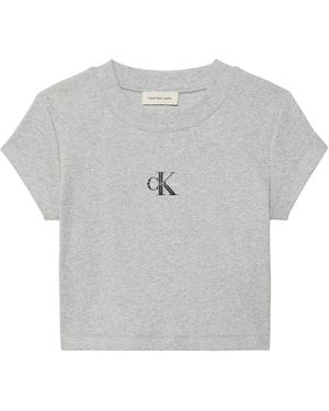 Calvin Klein Gestreepte Crop-Top Met Enkel Logo Voor (Grijze Heide) - Grijs