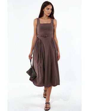 Busem Square Collar Belted Midi Dress - Brown