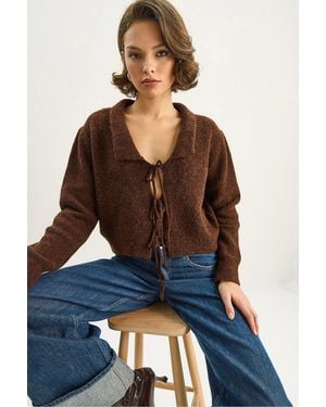 Bianco Lucci Oversized V-Neck Tie Closure Ribbed Cardigan - Blue