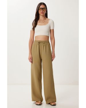 Happiness İstanbul Wide Leg Drawstring Waist Trousers With Binding Detail - Natural