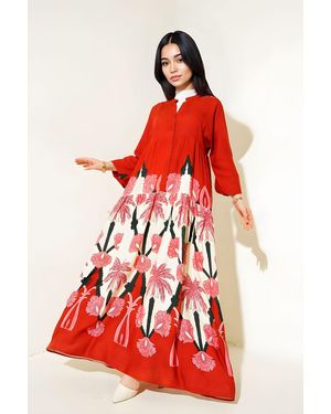 Bigdart Printed V-Neck Maxi Dress With Button Closure - Red