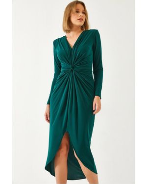 Bianco Lucci V-Neck Ruched Midi Dress - Green