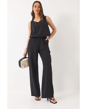 Bianco Lucci V-Neck Cotton Blouse-Pants Two-Piece Set - Blue