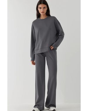 Hiccup Modal Touch Basic Sweatshirt & Wide Leg Trousers Two-Piece Coord Set - Grey