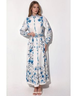 Msn-Collection Floral Belted Maxi Shirt Dress - Blue