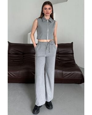 My Fashion Sleeveless Zippered Vest & Wide Leg Trousers Two-Piece Coord Set - Grey