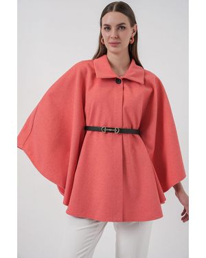 Bigdart Belted Tweed Cape Coat - Red