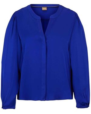 BOSS Damesblouse Met V-Hals, Relaxte Pasvorm En Pofmouwen - Blauw